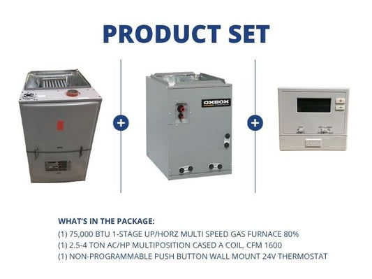 75,000 BTU 1-Stg Up/Horz Gas Furnace 80%, 2.5-4 Ton AC/HP Multiposition Cased A Coil, 24V Thermostat