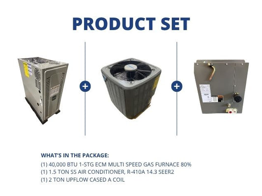 40,000 BTU ECM Multi Speed Gas Furnace 80%, 1.5 Ton SS AC 14.3 SEER2 with 2 Ton Upflow Cased A Coil