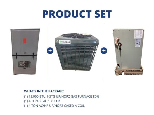75,000 BTU 1-Stg Up/Horz Gas Furnace 80%, 4 Ton SS AC 13 SEER with 4 Ton AC/HP Up/Horz Cased A Coil