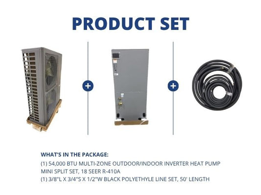 54,000 BTU Multi-Zone Outdoor/Indoor Inverter Heat Pump Mini Split Set, 18 SEER R-410A with Line Set