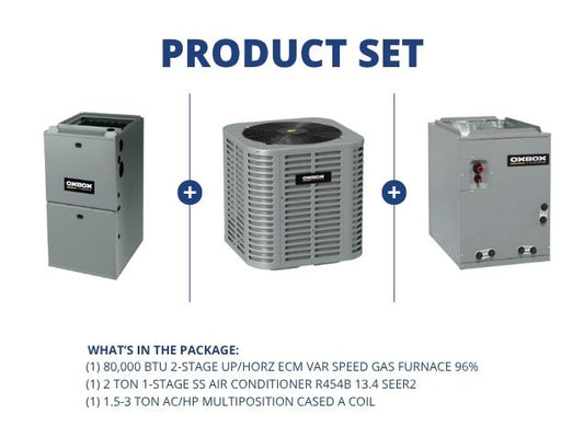 80,000 BTU 2-Stg Up/Horz ECM Gas Furnace 96%, 2 Ton AC R454B 13.4 SEER2, 1.5-3 Ton Multi Cased Coil
