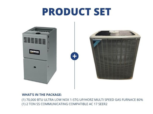 70,000 BTU Ultra Low NOx Up/Horz Gas Furnace 80%, 2 Ton SS Comm Comp AC 17 SEER2