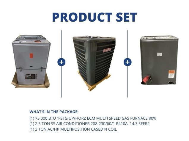 75,000 BTU 1-Stg Up/Horz ECM Gas Furnace 80%, 2.5 Ton SS AC 14.3 SEER2 with 3 Ton Multi Cased N Coil