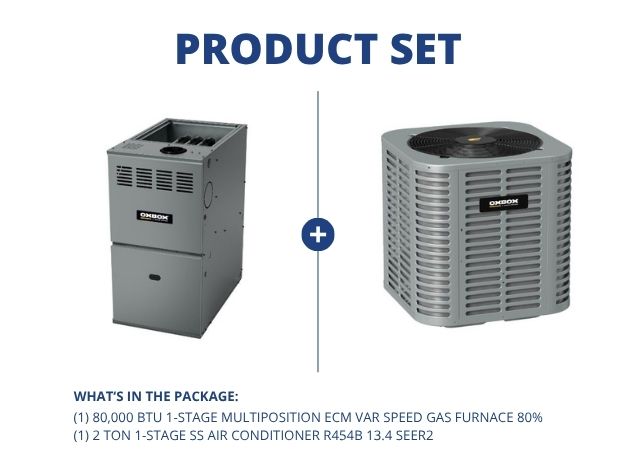 80,000 BTU 1-Stg Multiposition ECM Var Speed Gas Furnace 80% with 2 Ton 1-Stg SS AC R454B 13.4 SEER2