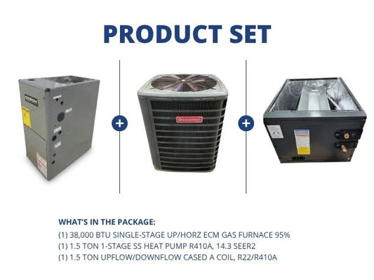 38,000 BTU Up/Horz Gas Furnace 95%, 1.5 Ton Heat Pump 14.3 SEER2, 1.5 Ton Up/Down Cased A Coil R410A