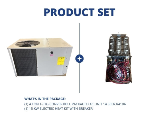 4 Ton 1-Stg Convertible Packaged AC Unit 14 SEER, R410A with 15 kW Electric Heat Kit with Breaker