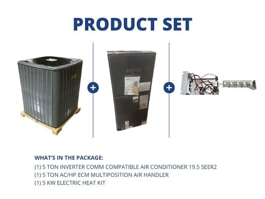 5 Ton Inverter Comm Comp AC 19.5 SEER2, 5 Ton AC/HP ECM Multiposition Air Handler with 5 kW Heat Kit