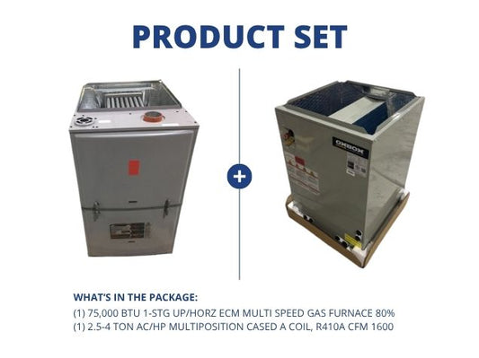 75,000 BTU 1-Stg Up/Horz ECM Gas Furnace 80% and 2.5-4 Ton Multiposition Cased A Coil R410A CFM 1600