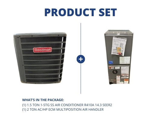 1.5 Ton 1-Stg SS Air Conditioner R410A 14.3 SEER2 with 2 Ton AC/HP ECM Multiposition Air Handler