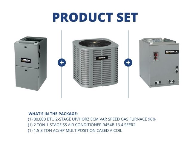 80,000 BTU Up/Horz ECM Gas Furnace 96%, 2 Ton AC R454B 13.4 SEER2, 1.5-3 Ton AC/HP Multi Cased Coil
