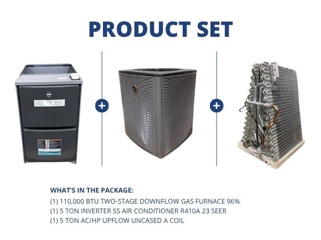 110,000 BTU 2-Stg Down Gas Furnace 96%, 5 Ton Inverter AC R410A 23 SEER with 5 Ton Up Uncased A Coil
