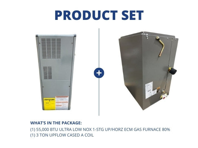 55,000 BTU Ultra Low NOx 1-Stg Upflow/Horizontal ECM Gas Furnace 80% with 3 Ton Upflow Cased A Coil