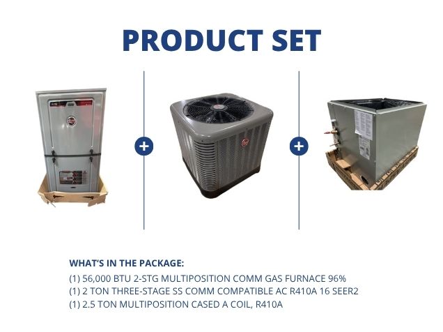 56,000 BTU Multi Comm Gas Furnace 96%, 2 Ton SS Comm Compatible AC 16 SEER2 and 2.5 Ton Multi A Coil
