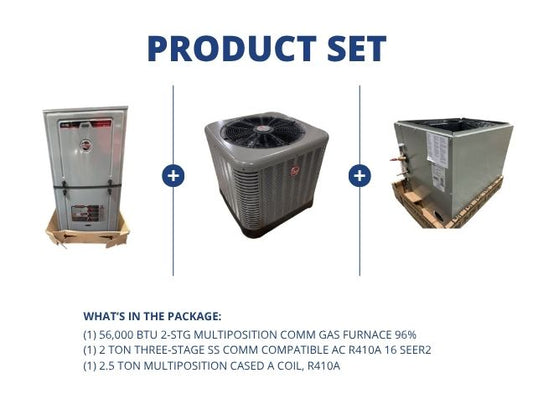 56,000 BTU Multi Comm Gas Furnace 96%, 2 Ton SS Comm Compatible AC 16 SEER2 and 2.5 Ton Multi A Coil