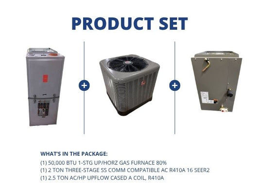 50,000 BTU 1-Stg Up/Horz Gas Furnace 80%, 2 Ton SS Comm Compatible AC 16 SEER2 and 2.5 Ton Up A Coil