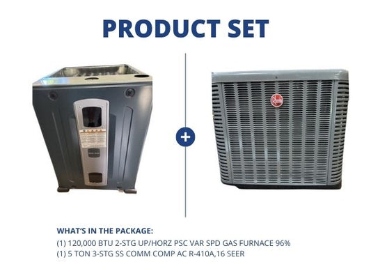 120,000 BTU 2-Stg Up/Horz PSC Var Spd Gas Furnace 96% and 5 Ton 3-Stg SS Comm Comp AC R-410A,16 SEER