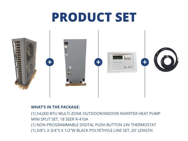 54,000 BTU Multi-Zone Inverter Heat Pump Mini Split Set, 18 SEER R-410A, 24V Thermostat and Line Set