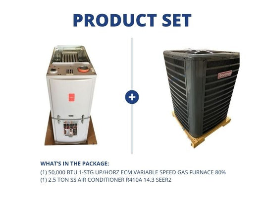 50,000 BTU 1-Stg Up/Horz ECM Var Spd Gas Furnace 80% and 2.5 Ton SS Air Conditioner R410A 14.3 SEER2