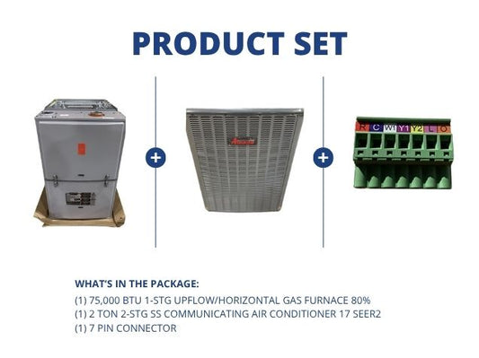 75,000 BTU 1-Stg Up/Horz Gas Furnace 80% and 2 Ton 2-Stg SS Comm AC 17 SEER2 with 7 Pin Connector