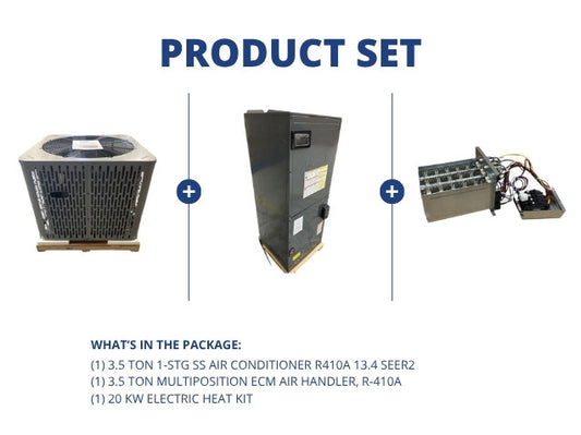 3.5 Ton 1-Stg SS AC R410A 13.4 SEER2 with 3.5 Ton Multi ECM Air Handler with 20 kW Electric Heat Kit