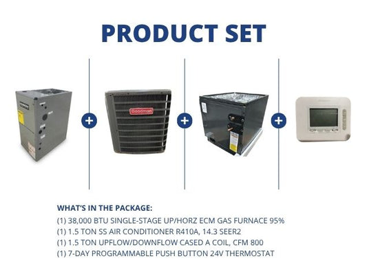 38,000 BTU Up/Horz Gas Furnace 95%, 1.5 Ton AC 14.3SEER2, 1.5 Ton Up/Down Cased Coil, 24V Thermostat