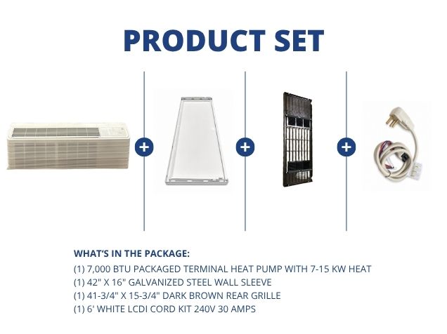7,000 BTU Packaged Terminal HP W/ 7-15 KW Heat, R-410A, Wall Sleeve, Rear Grille with LCDI Cord Kit