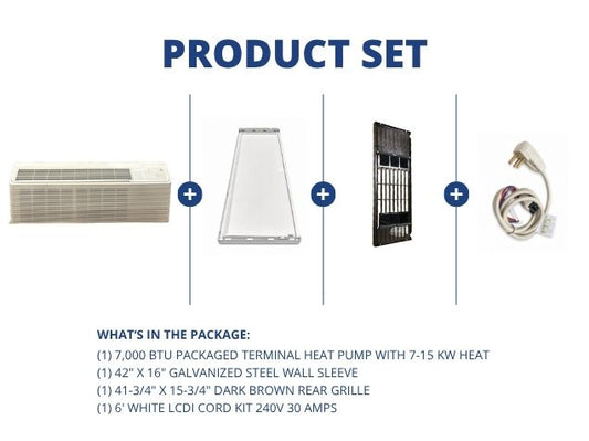 7,000 BTU Packaged Terminal HP W/ 7-15 KW Heat, R-410A, Wall Sleeve, Rear Grille with LCDI Cord Kit