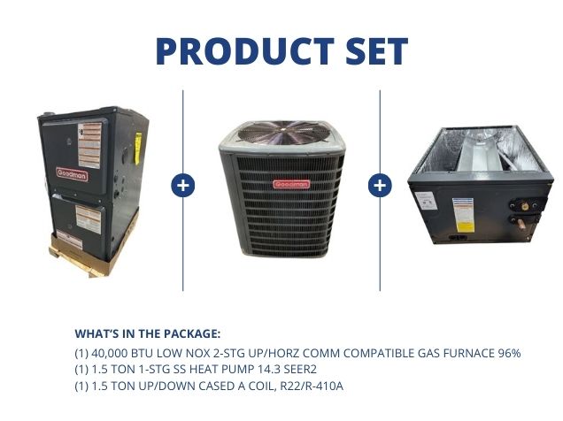 40,000 BTU Low NOx Comm Comp Gas Furnace 96%, 1.5 Ton HP 14.3 SEER2 and 1.5 Ton Up/Down Cased A Coil