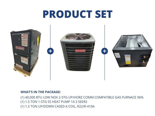 40,000 BTU Low NOx Comm Comp Gas Furnace 96%, 1.5 Ton HP 14.3 SEER2 and 1.5 Ton Up/Down Cased A Coil