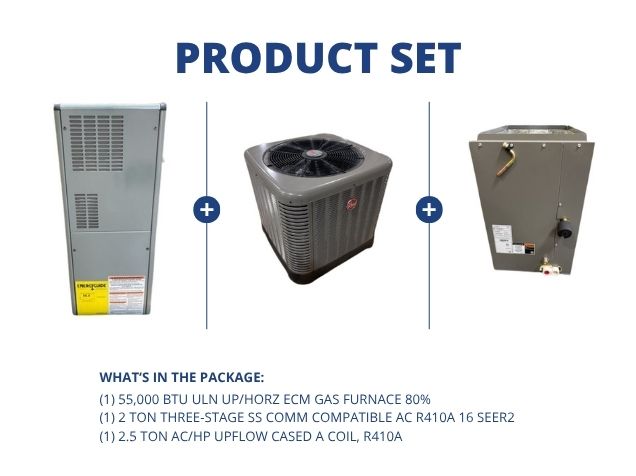 55,000 BTU ULN Up/Horz Gas Furnace 80%, 2 Ton SS Comm Compatible AC 16 SEER2 with 2.5 Ton Up A Coil