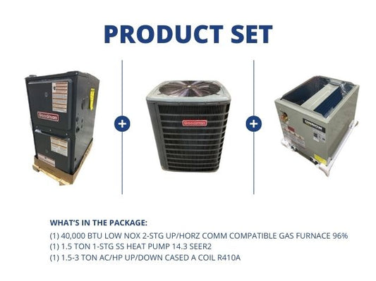 40,000 BTU Low NOx Comm Comp Gas Furnace 96%, 1.5 Ton SS HP 14.3 SEER2 with 1.5-3 Ton Up/Down A Coil