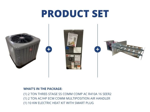 2 Ton 3-Stg SS Comm Comp AC 16 SEER2, 2 Ton AC/HP ECM Comm Multi Air Handler and 10 KW w/ Smart Plug