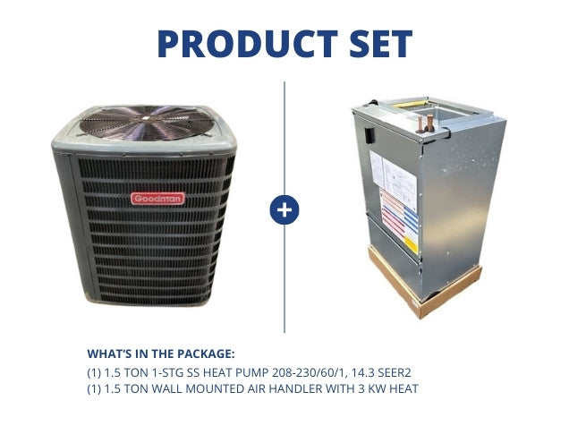 1.5 Ton 1-Stg SS HP 208-230/60/1, 14.3 SEER2 with 1.5 Ton Wall Mounted Air Handler With 3 KW Heat