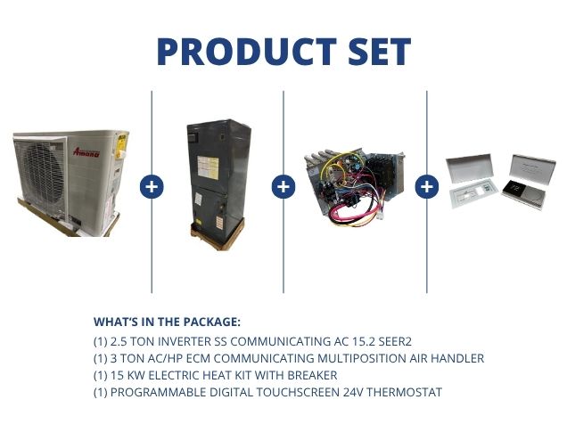 2.5 Ton Inverter Comm AC 15.2 SEER2, 3 Ton ECM Comm Multi Air Handler, 15 KW Heat Kit and Thermostat
