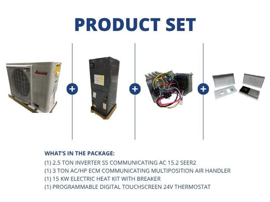 2.5 Ton Inverter Comm AC 15.2 SEER2, 3 Ton ECM Comm Multi Air Handler, 15 KW Heat Kit and Thermostat