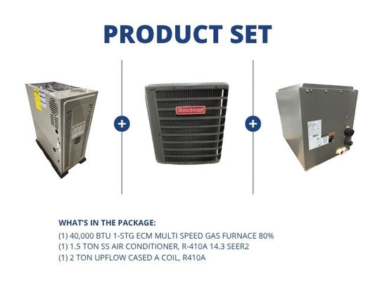 40,000 BTU Multi ECM Gas Furnace 80%, 1.5 Ton SS AC R410A 14.3 SEER2 with 2 Ton Upflow Cased A Coil