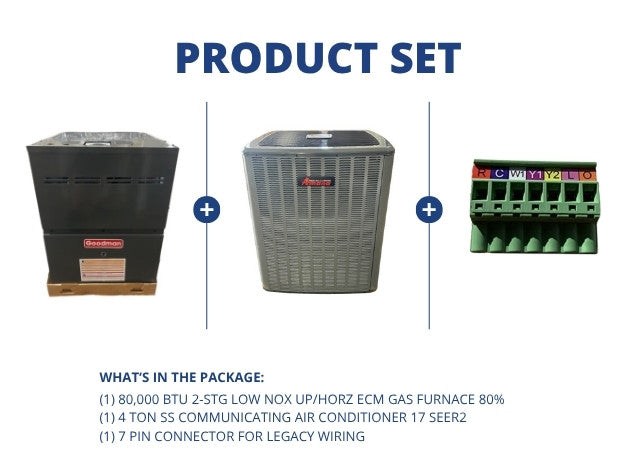 80,000 BTU 2-Stg Low Nox Up/Horz Gas Furnace 80% and 4 Ton SS Comm AC 17 SEER2 with 7 Pin Connector