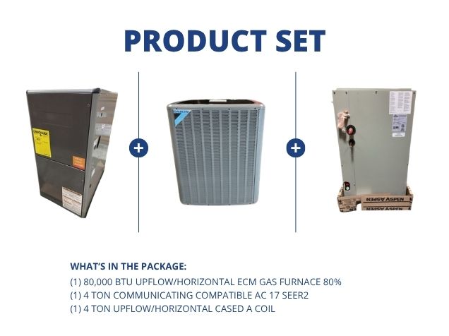 80,000 BTU Up/Horz ECM Gas Furnace 80%, 4 Ton Comm Comp AC 17 SEER2 with 4 Ton Up/Horz Cased A Coil