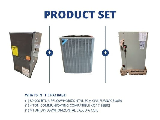 80,000 BTU Up/Horz ECM Gas Furnace 80%, 4 Ton Comm Comp AC 17 SEER2 with 4 Ton Up/Horz Cased A Coil