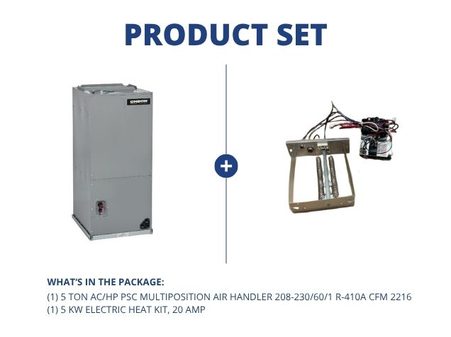 5 Ton AC/HP PSC Multiposition Air Handler 208-230/60/1 R-410A CFM 2216 and 5KW Electric Heat, 20 Amp
