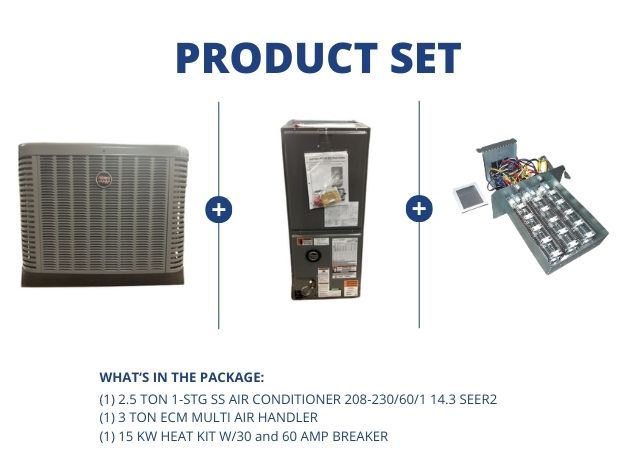2.5 Ton 1-Stg SS AC R410A 14.3 SEER2, 3 Ton Multi Air Handler and 15 kW Heat w/30 and 60 Amp Breaker
