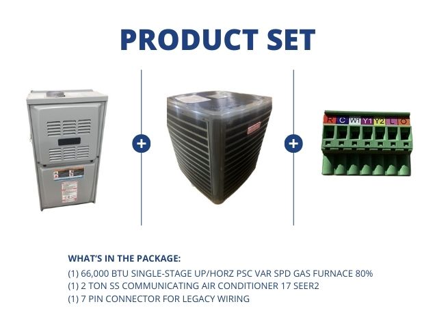 66,000 BTU Up/Horz PSC Var Spd Gas Furnace 80%, 2 Ton 2-Stg SS Comm AC 17 SEER2 and 7 Pin Connector