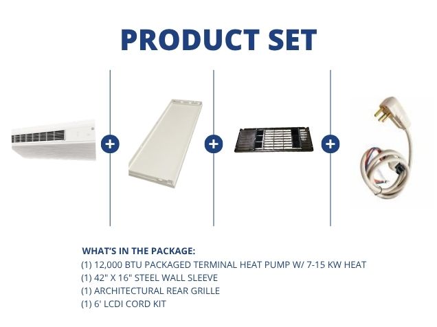 12,000 BTU Packaged Terminal HP W/ 7-15 KW Heat, R-410A, Wall Sleeve, Rear Grille with LCDI Cord Kit