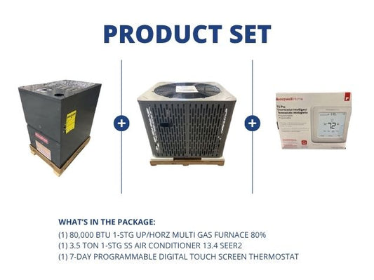 80,000 BTU 1-Stg Up/Horz Multi Gas Furnace 80%, 3.5 Ton 1-Stg SS AC 13.4 SEER2 with 24V Thermostat
