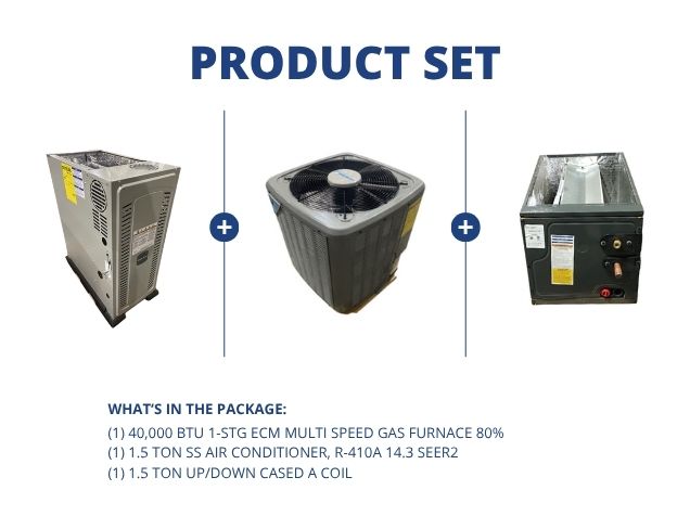40,000 BTU ECM Multi Speed Gas Furnace 80%, 1.5 Ton AC 14.3 SEER2 with 1.5 Ton Up/Down Cased A Coil