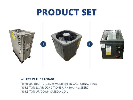40,000 BTU ECM Multi Speed Gas Furnace 80%, 1.5 Ton AC 14.3 SEER2 with 1.5 Ton Up/Down Cased A Coil
