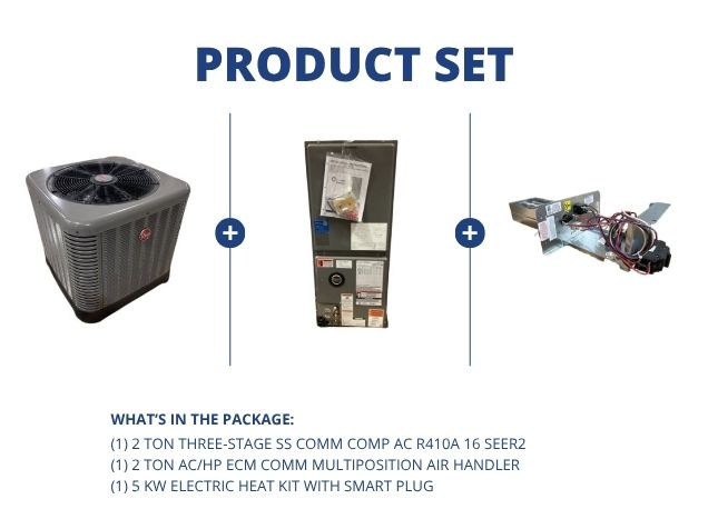 2 Ton 3-Stage SS Comm Comp AC 16 SEER2, 2 Ton AC/HP ECM Comm Multi Air Handler and 5KW w/ Smart Plug