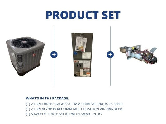 2 Ton 3-Stage SS Comm Comp AC 16 SEER2, 2 Ton AC/HP ECM Comm Multi Air Handler and 5KW w/ Smart Plug