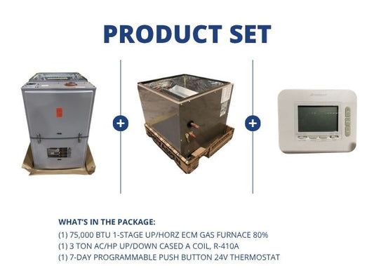 75,000 BTU 1-Stg Up/Horz ECM Gas Furnace 80%, 3 Ton AC/HP Up/Down Cased A Coil with 24V Thermostat
