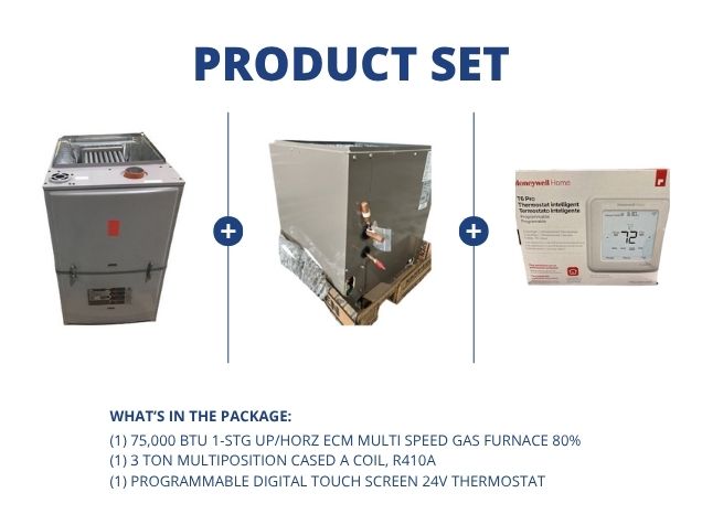 75,000 BTU 1-Stg Up/Horz Multi Speed Gas Furnace 80%, 3 Ton Multi Cased A Coil with 24V Thermostat